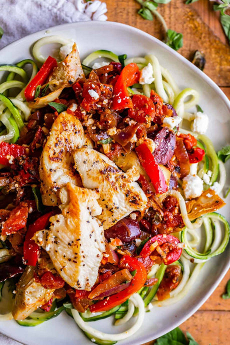 SPICY CALABRIAN PESTO "ZUCCHINI" PASTA W/ CHICKEN & KALAMATA OLIVES (CHICKEN OPTIONAL)