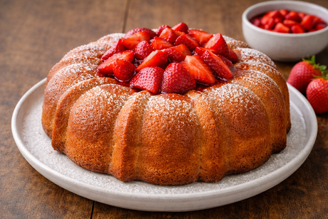 Basil Olive Oil Pound Cake with Strawberry Kiwi Drizzle